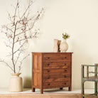 Chest of drawers made from reclaimed teak wood, featuring a minimalist design with five spacious drawers and a warm natural finish- ideal for rustic and modern interiors.