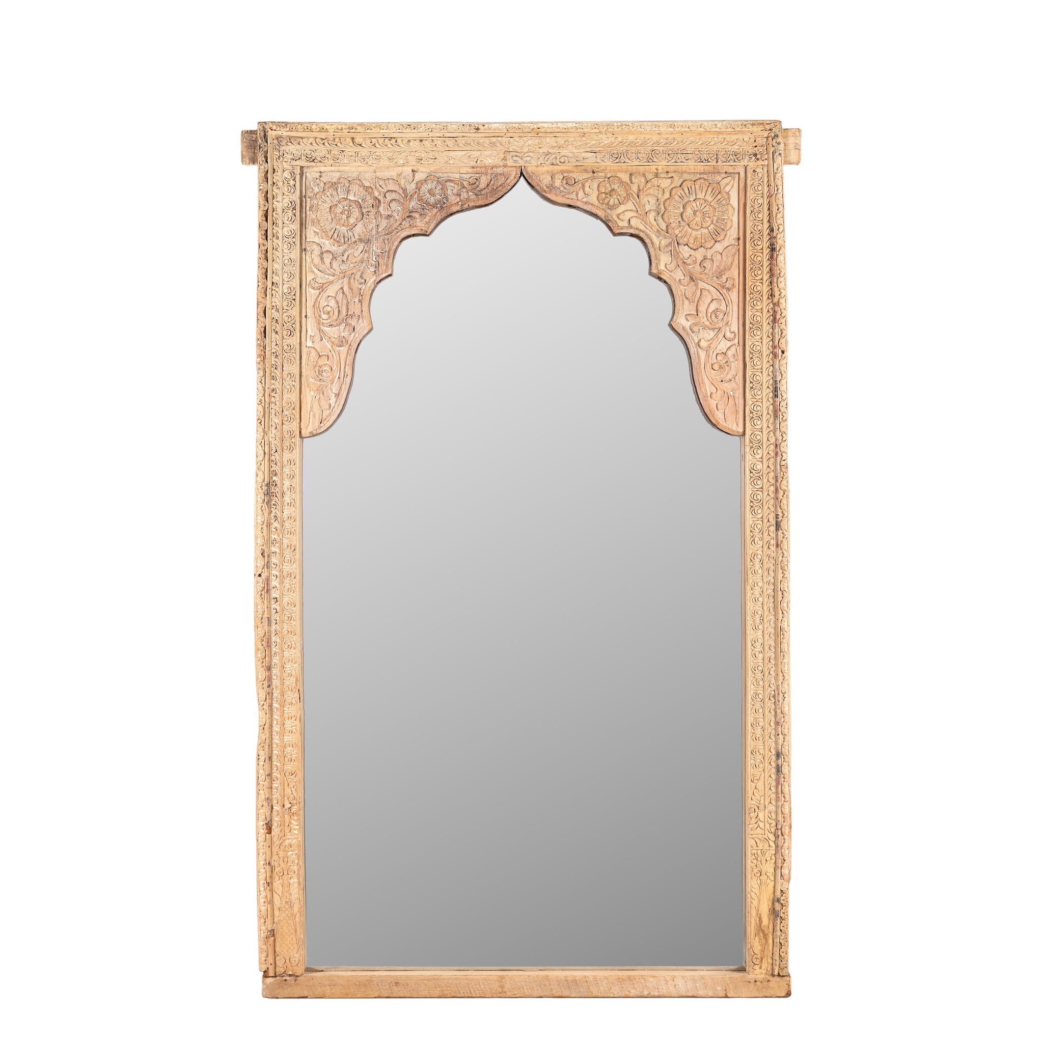White background image of a Farida reclaimed teak wood wall mirror made from an original carved Indian window frame with bleached finish 165cm