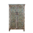 White background image of a reclaimed wood cabinet with floral and geometric designs, perfect for a bohemian interior with Mediterranean style.