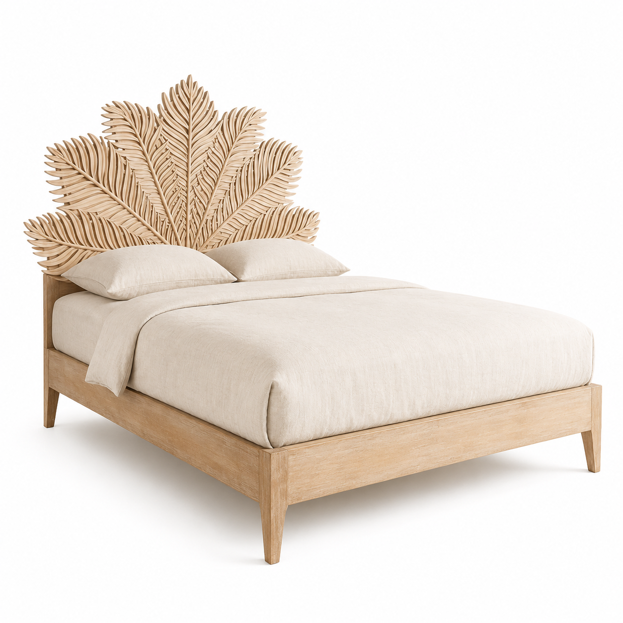 Side angle image of a mango wood bed frame with a hand carved headboard in Farn design.