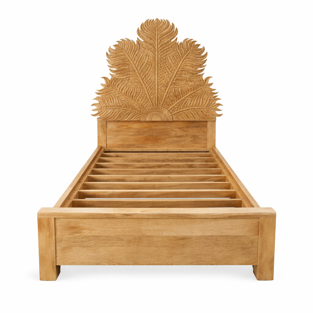 White background image of a mango wood bed frame with a hand carved headboard in Farn design.