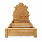 White background image of a mango wood bed frame with a hand carved headboard in Farn design.