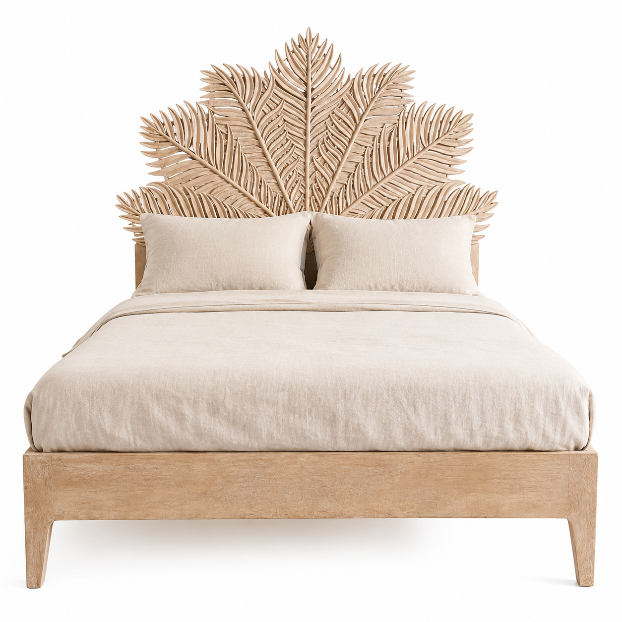 White background image of a mango wood bed frame with a hand carved headboard in Farn design.