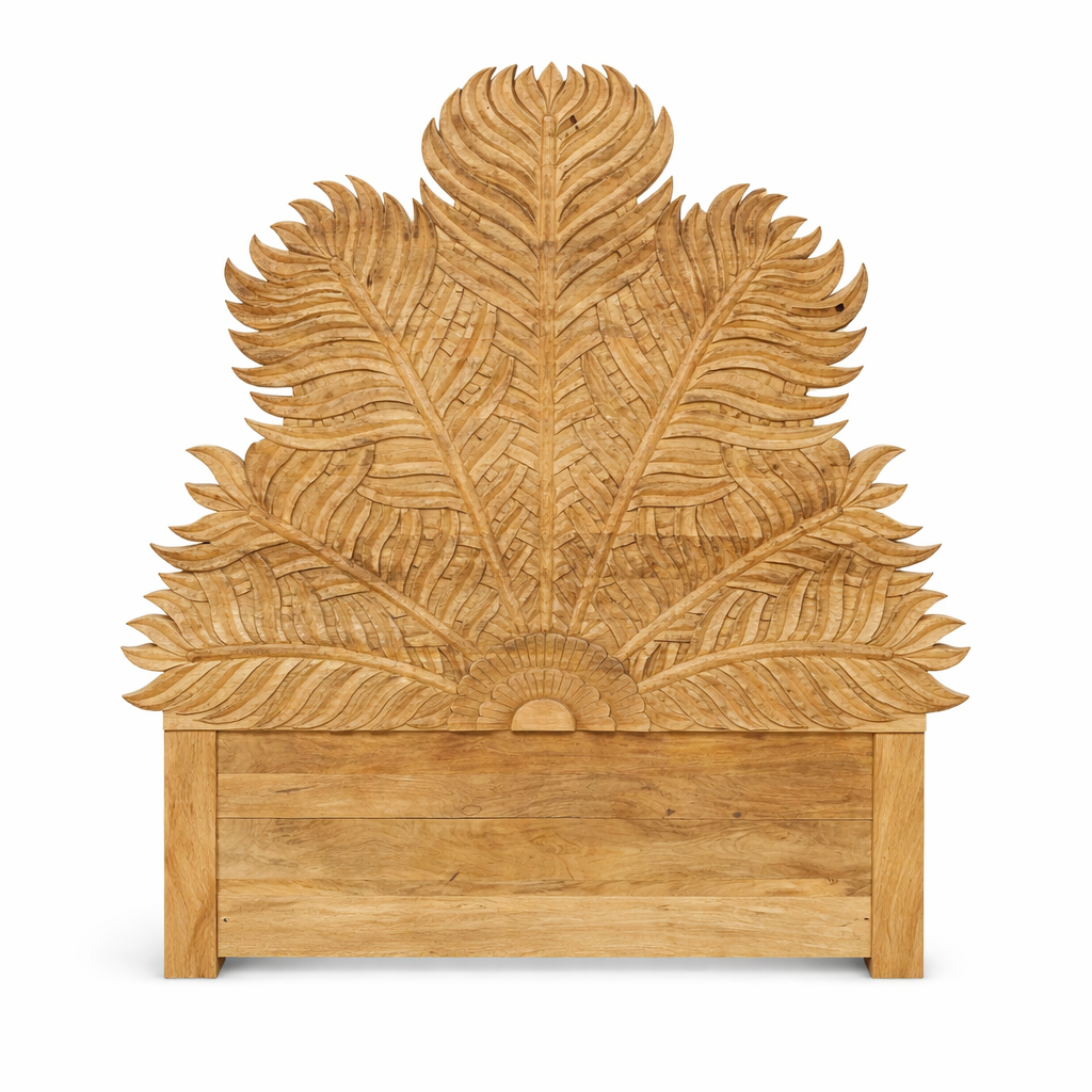 Close up image of a mango wood bed frame with a hand carved headboard in Farn design.