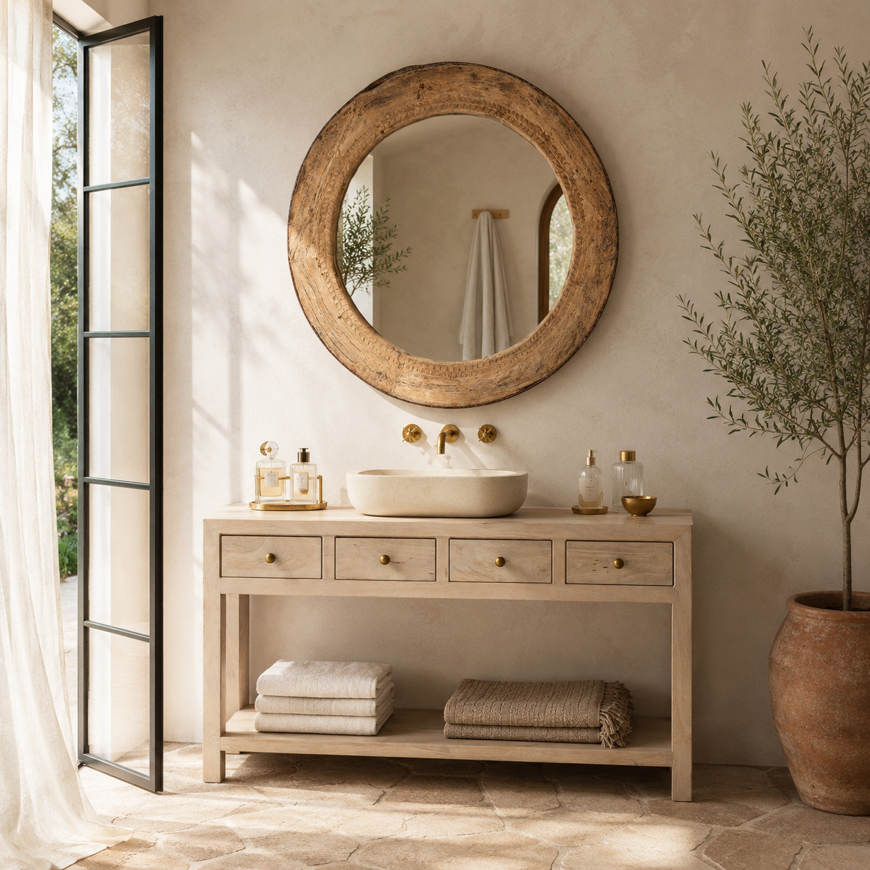 Lifestyle image of a round carved wooden mirror with reclaimed teak frame and rustic iron edging; Indian furniture online, 110 cm diameter, 8 cm deep.