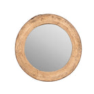 White background image of a round carved wooden mirror with reclaimed teak frame and rustic iron edging; Indian furniture online, 110 cm diameter, 8 cm deep.