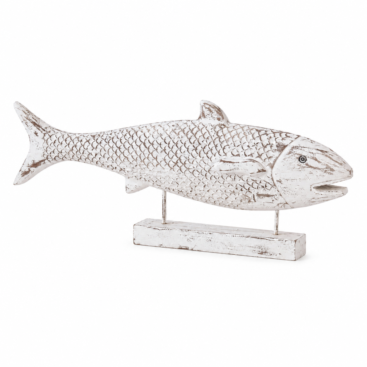 White background image of a hand carved reclaimed teak wood fish decoration with white washed finish on iron stand 115cm
