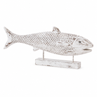 White background image of a hand carved reclaimed teak wood fish decoration with white washed finish on iron stand 115cm
