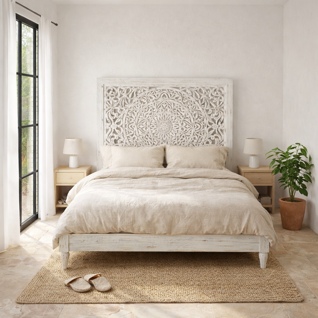 Lifestyle image of a hand-carved wooden bed made of mango wood with large floral panel in white finish – Flair model by Om Home & Garden