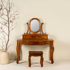 Wooden dressing table with mirror and matching chair, handcrafted mango wood table with drawers; vintage bedroom furniture, 110 × 50 × 145 cm.