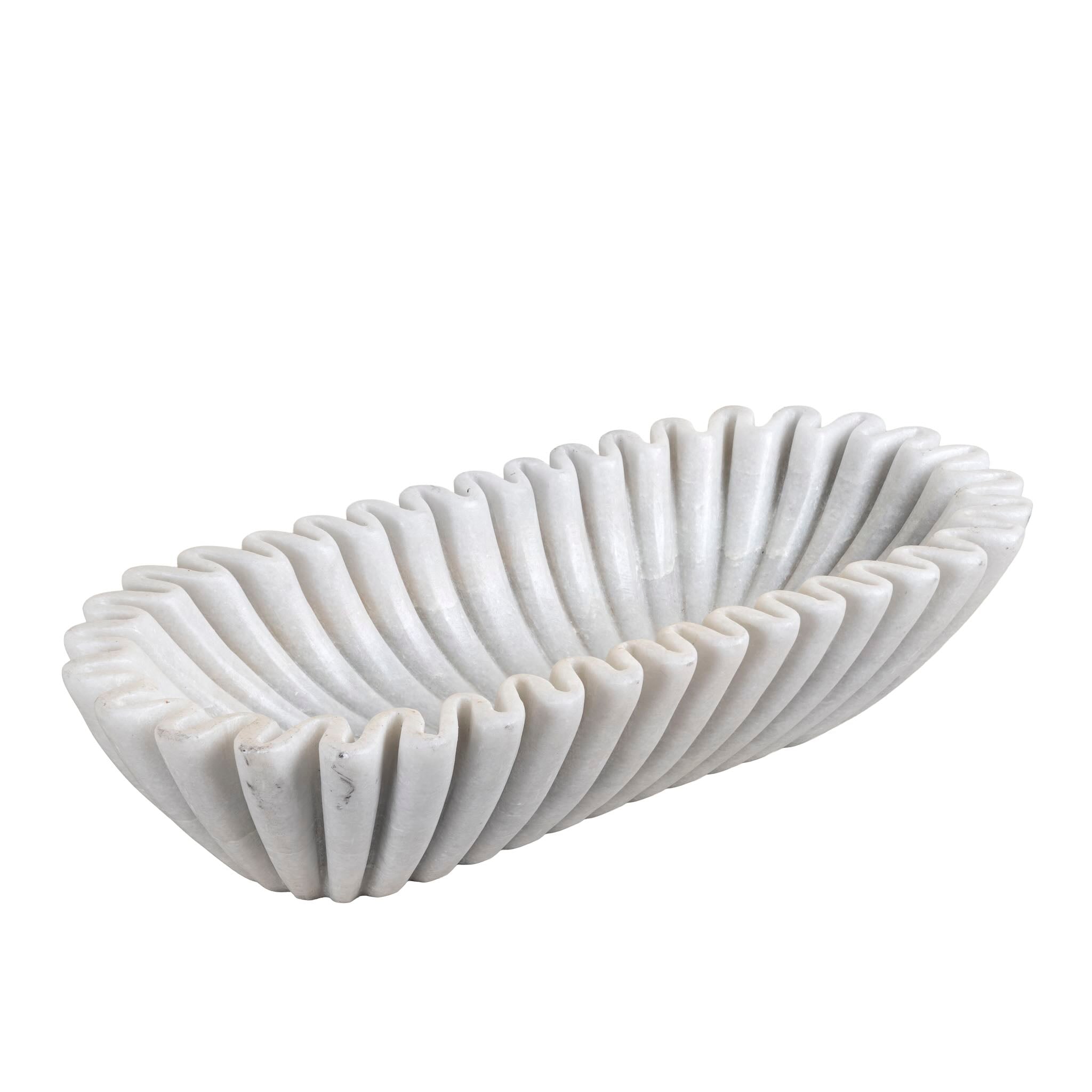 White background image of a elongated hand-carved white marble bowl with folded pleated edges – Indian decorative marble accessory.