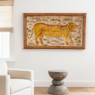 White background image of a hand-painted wooden wall panel with tiger motif, made from reclaimed Indian door; vintage wall panels for boho chic living room décor, 167 × 7 × 100 cm.