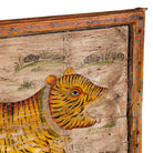 Close up image of a hand-painted wooden wall panel with tiger motif, made from reclaimed Indian door; vintage wall panels for boho chic living room décor, 167 × 7 × 100 cm.