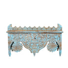 White background image of a hand carved mango wood wall shelf with distressed vintage finish, 90cm.