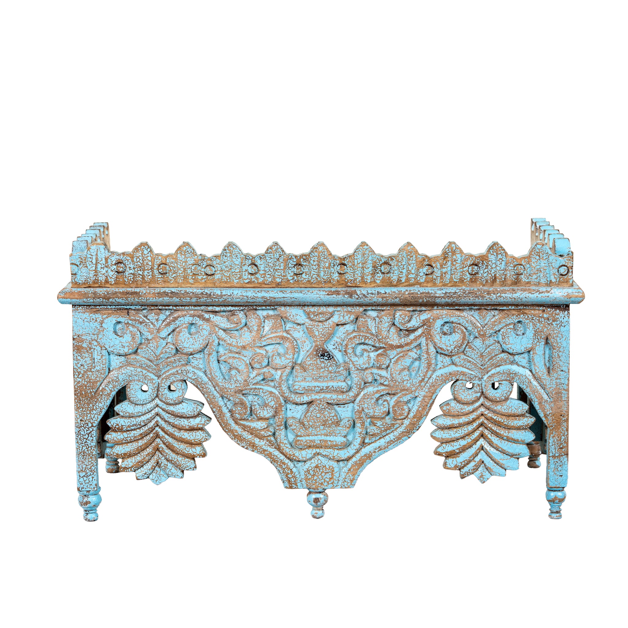 White background image of a hand carved mango wood wall shelf with distressed vintage finish, 90cm.