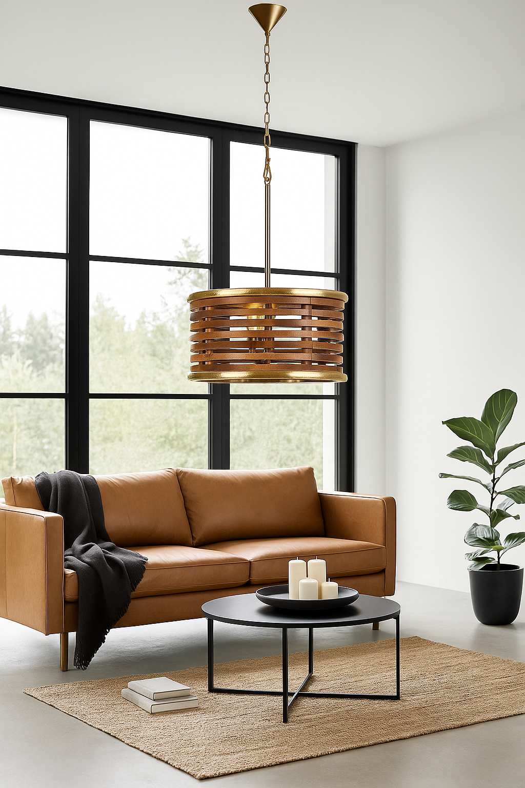Lifestyle image of a multi-ring rustic pendant lamp made of mango wood with brass accents – a minimalistic style lighting piece ideal for dining areas, kitchens, or stylish open spaces.