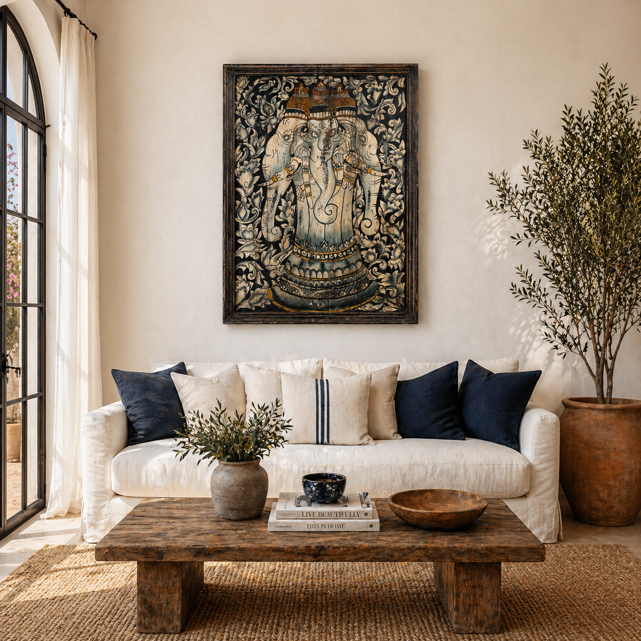 Lifestyle imagination of a hand-painted wall panel made from old teak wood, featuring an intricate depiction of Lord Ganesh in vibrant earthy tones, surrounded by ornate floral patterns, showcasing traditional Indian artistry and spiritual symbolism.
