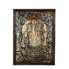 White background image of a hand-painted wall panel made from old teak wood, featuring an intricate depiction of Lord Ganesh in vibrant earthy tones, surrounded by ornate floral patterns, showcasing traditional Indian artistry and spiritual symbolism.
