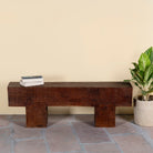 Rustic wood bench made of reclaimed wood, full block design, sustainable furniture for hallways, living rooms, or terraces, 120 × 30 × 40 cm.