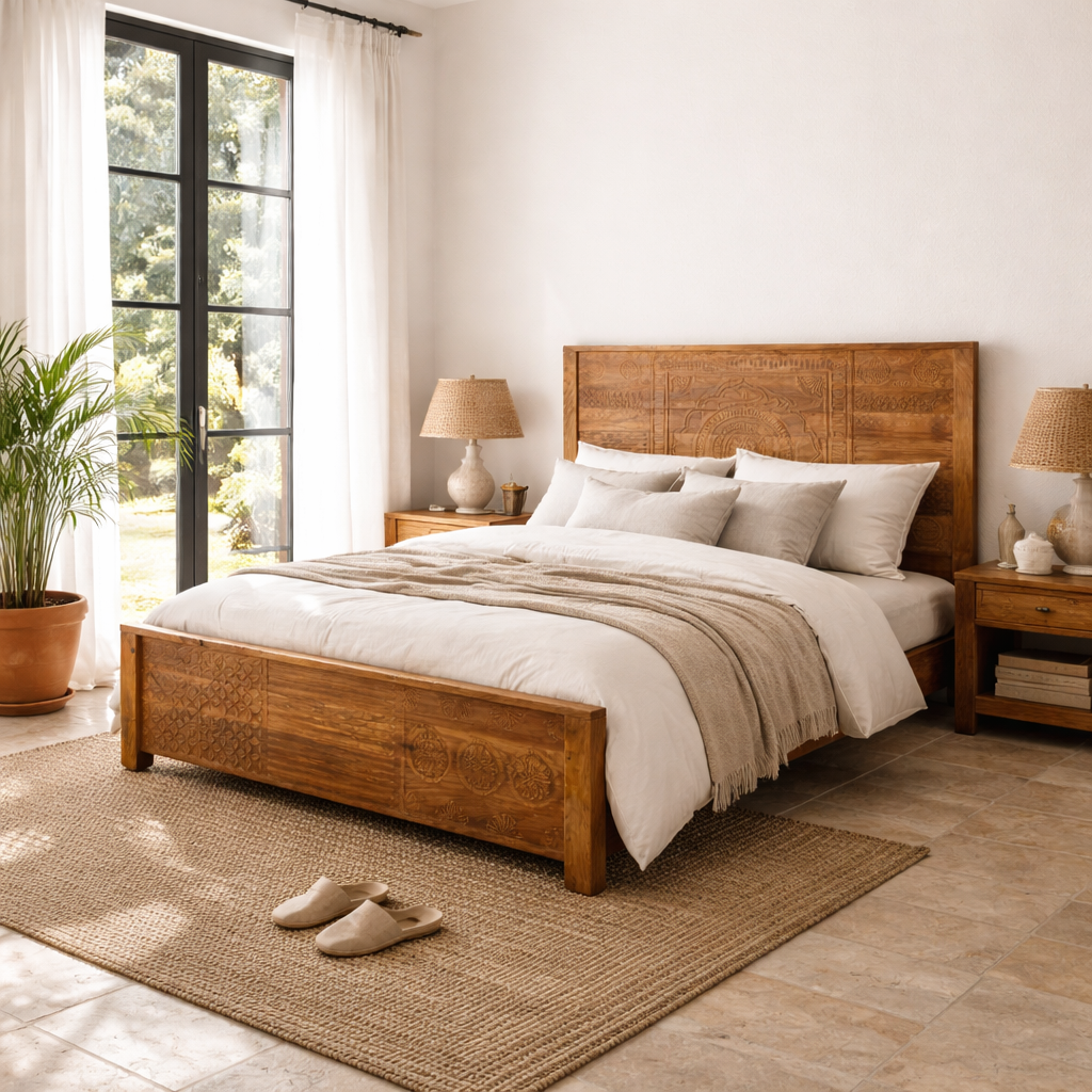Lifestyle image of a hand carved mango wood bed frame in warm colours.