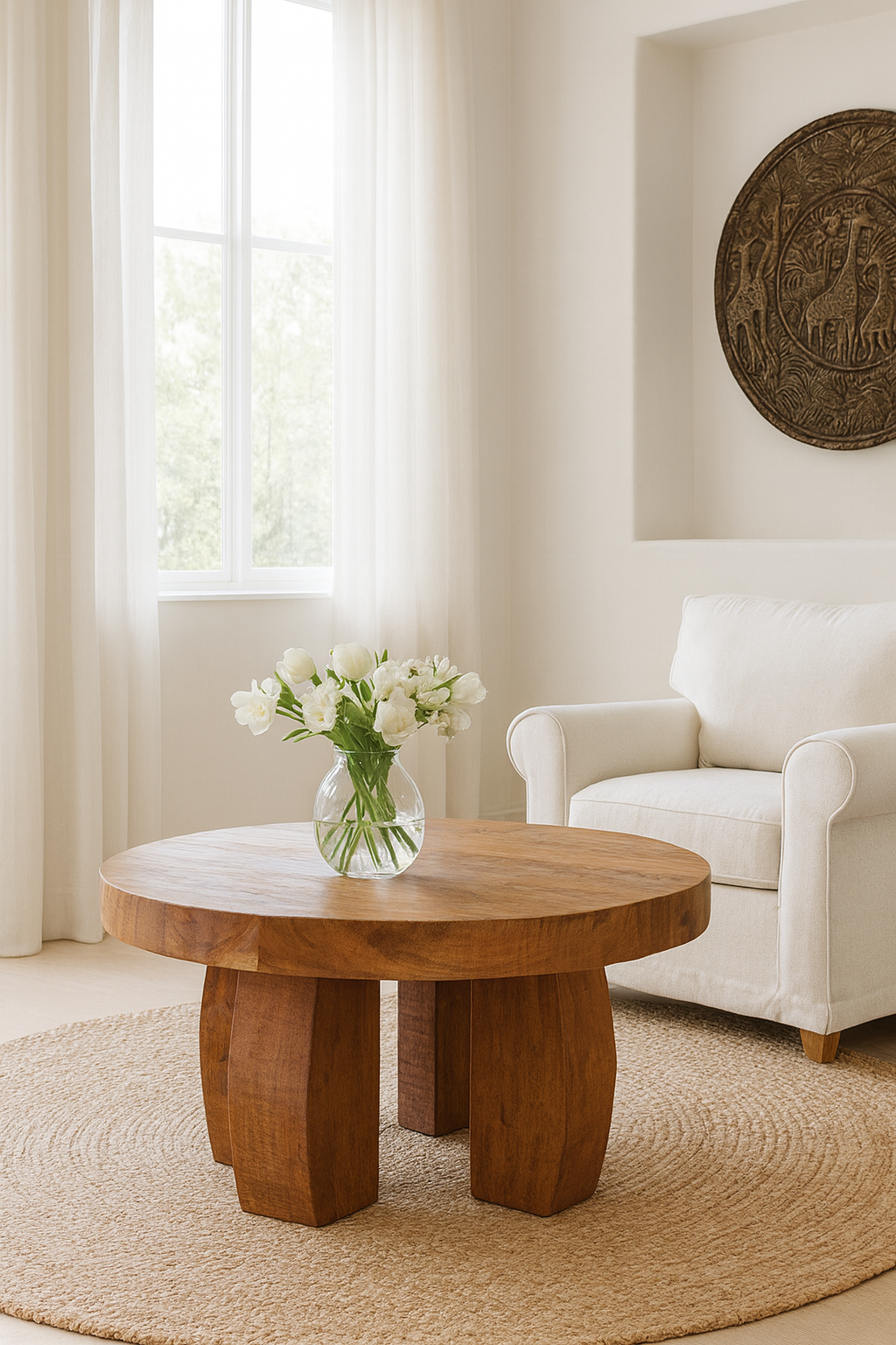 Lifestyle imagination of a rustic wood coffee table with round reclaimed teak top and black charred finish; sustainable furniture, 70 cm diameter, 40 cm height.