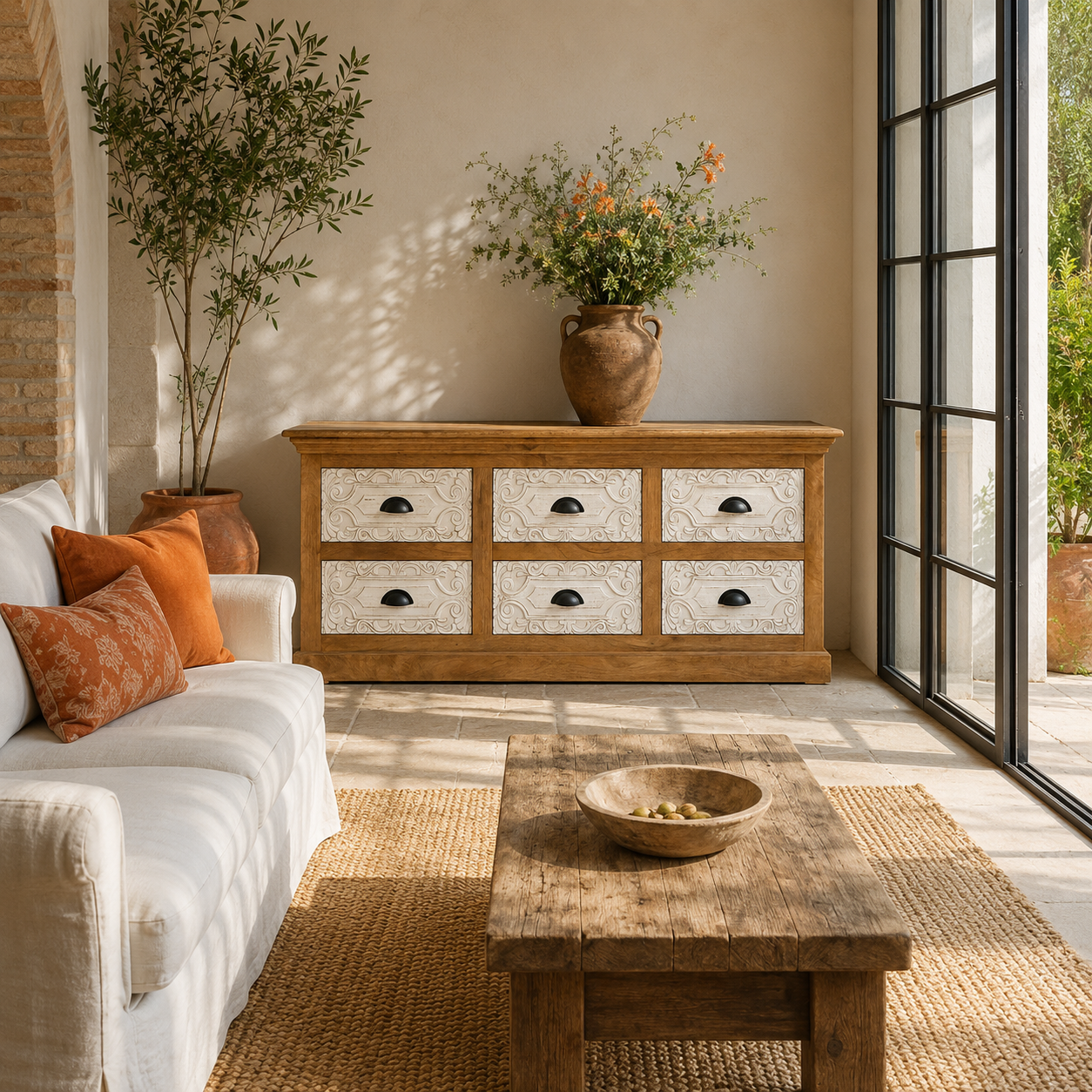 Gaya hand carved mango wood chest of six drawers with Indian carved fronts 160cm