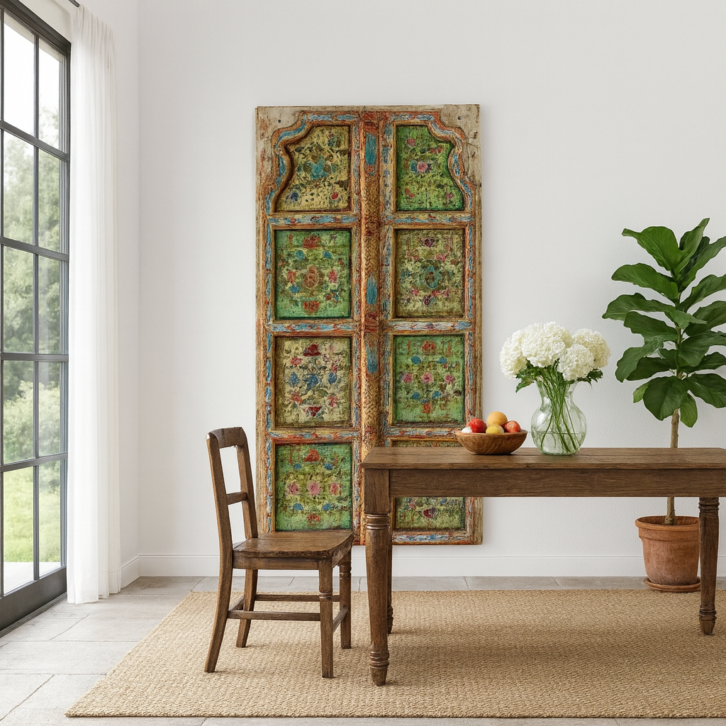 Lifestyle image of a Gitra hand-painted teak door panel featuring floral motifs in soft pastels and a carved arched frame—an elegant and unique Indian wall decoration repurposed from antique architecture.