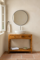 Lifestyle inspiration for a Ibiza style Mango wood console table with two drawers and bottom shelf, warm natural finish, 100 × 40 × 90 cm.