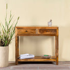 Ibiza style Mango wood console table with two drawers and bottom shelf, warm natural finish, 100 × 40 × 90 cm.