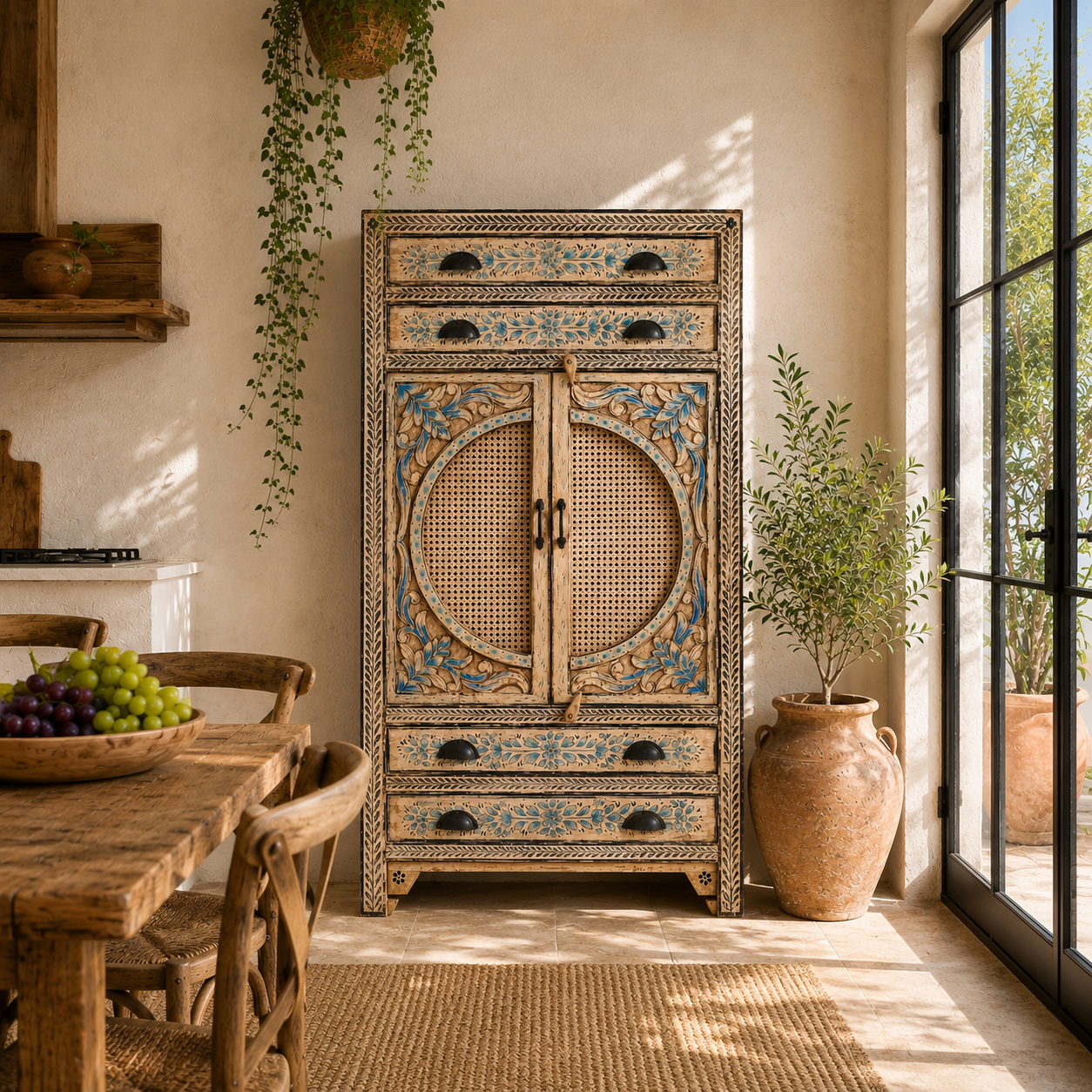Lifestyle image of a hand-painted cabinet made from mango wood, featuring rattan inlay doors framed by a carved circular motif, floral blue and green accents, and five drawers for additional storage.