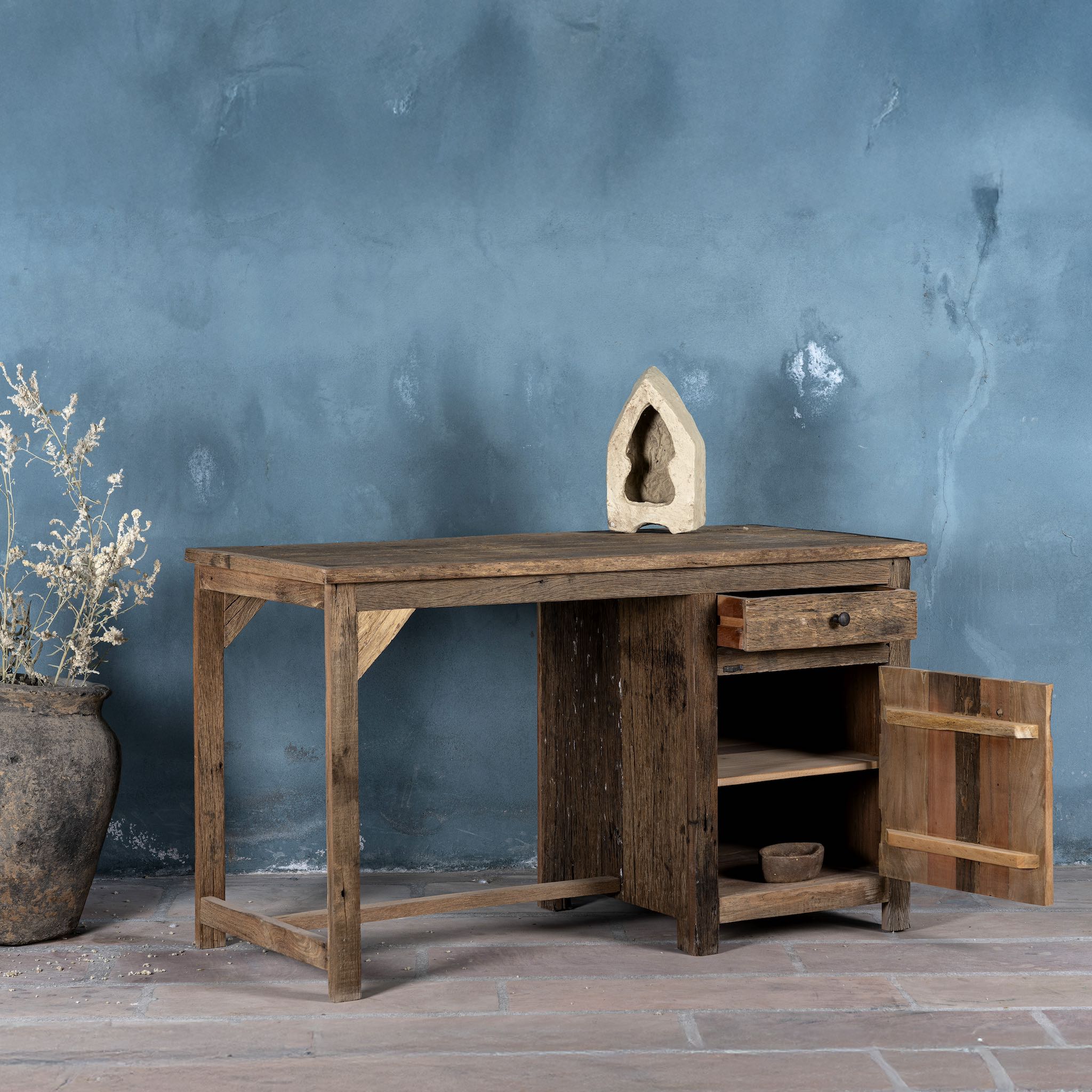 Open door image of a rustic minimalist wooden desk made from reclaimed old wood with drawer and cabinet, 130 × 60 × 75 cm.