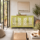 Lifestyle image of a Green Star hand carved mango wood sideboard with floral carvings and mirrored glass doors 180cm