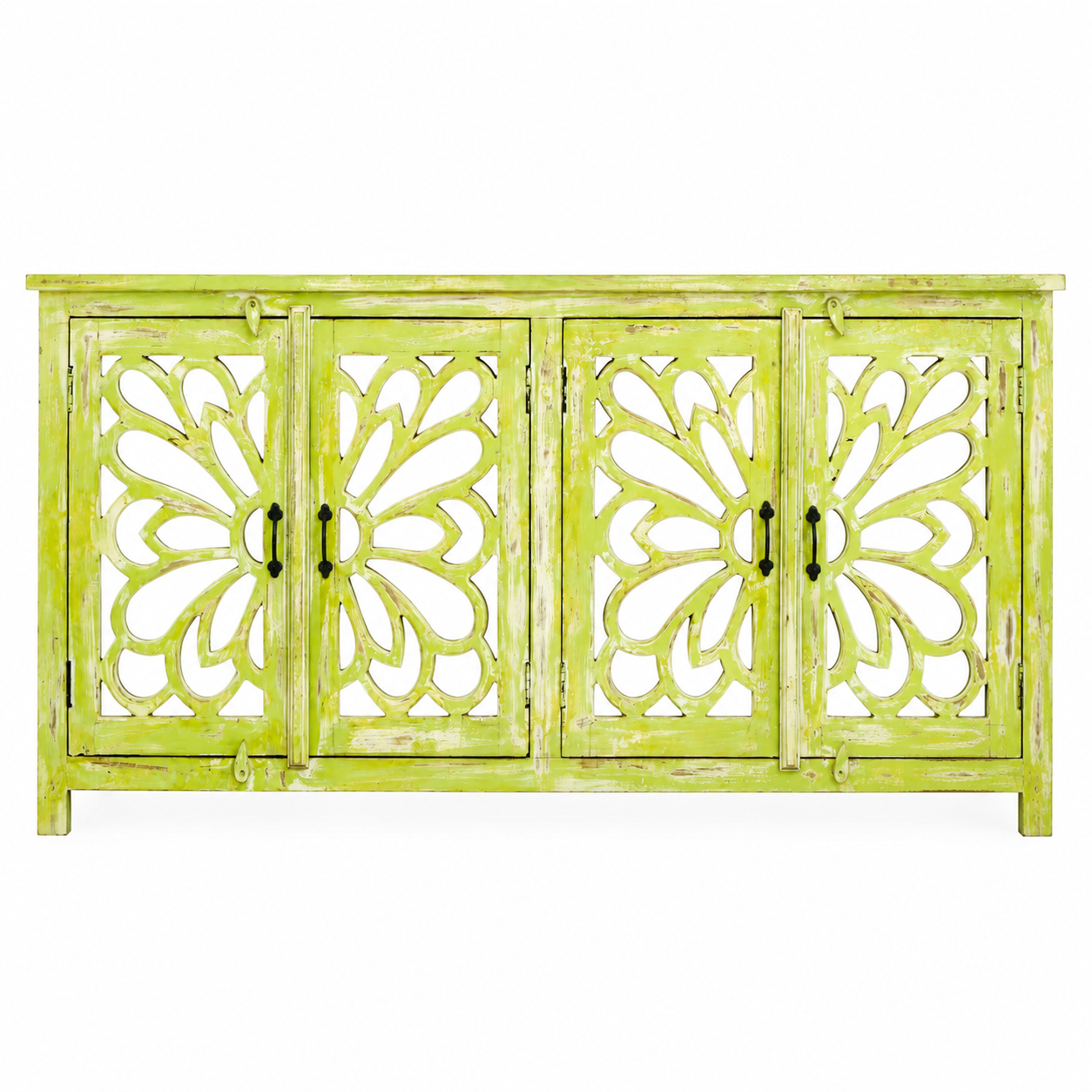 Wite background image of a Green Star hand carved mango wood sideboard with floral carvings and mirrored glass doors 180cm