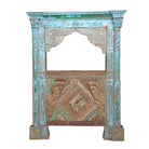 White background image of a vintage bar made of reclaimed antique teak wood with hand-carved detailing, unique wooden furniture with storage, 160 × 60 × 213 cm.