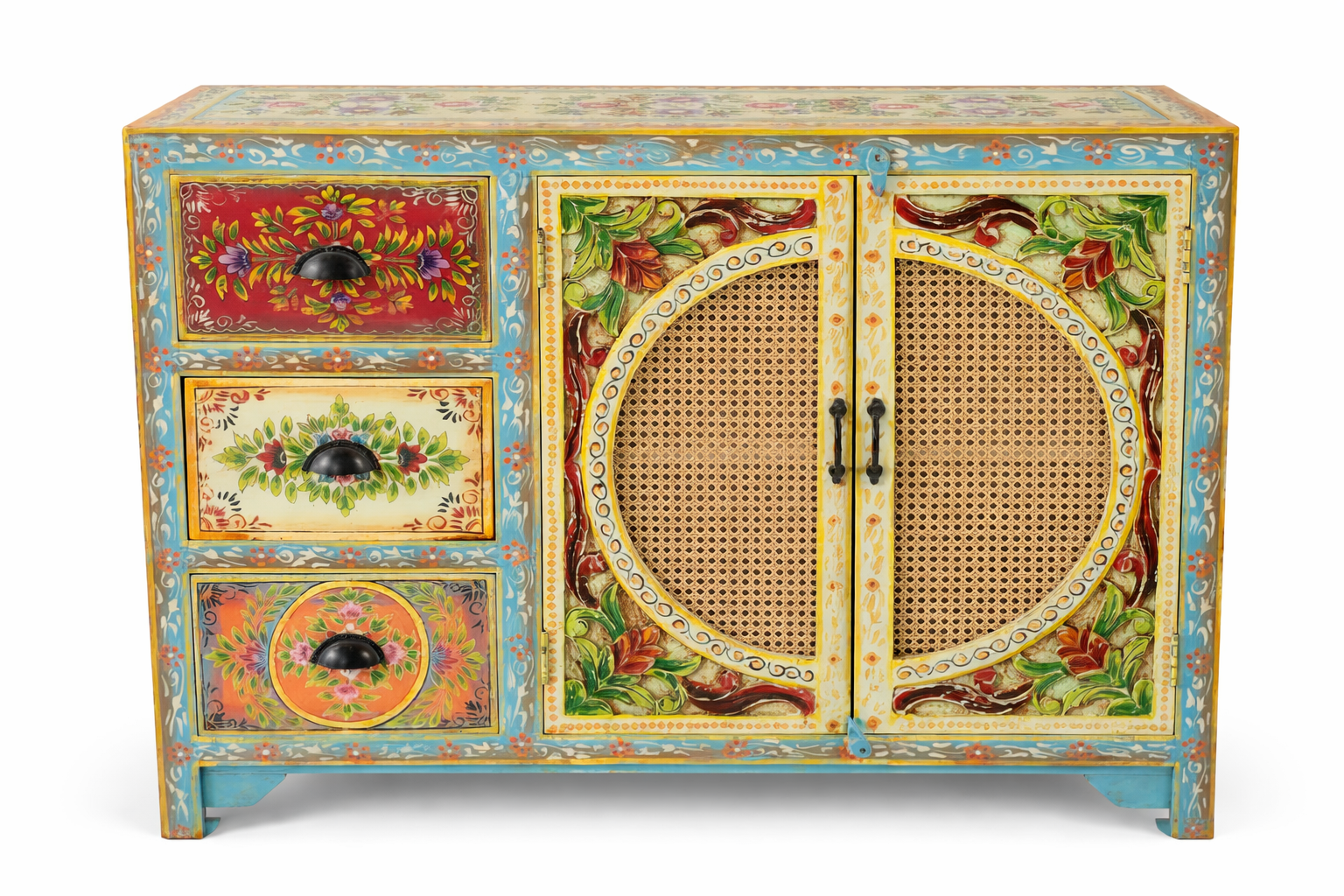 White background image of a hand painted sideboard Ashara made of mango wood with rattan inserts; Ibiza-inspired boho chic furniture, 120 × 40 × 92 cm.