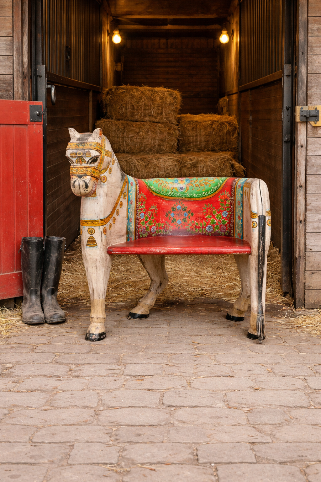 Lifestyle imagination of a of a hand‑painted Horse Chair made from recycled teak wood with carved horse design and vibrant Indian folk art detailing, showcasing artistic and sustainable Indian furniture.
