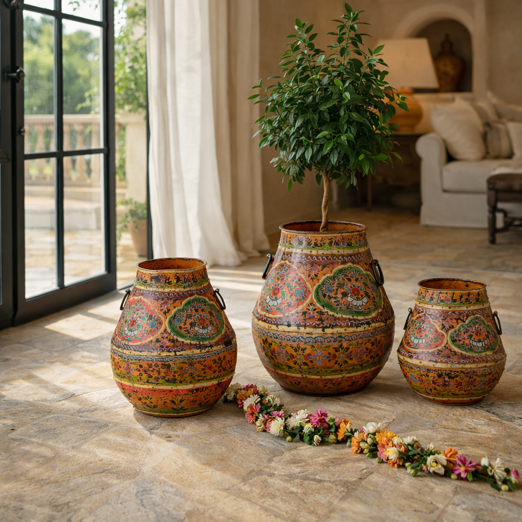 Lifestyle imagination of a set of 3 hand-painted decorative iron pots in orange tones with traditional Indian floral and paisley motifs – ideal for vintage home accessories and painted iron decoration.