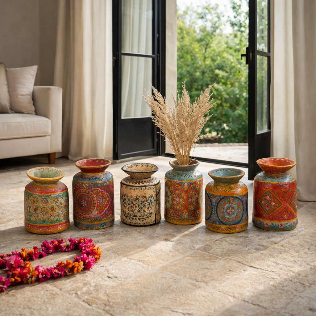 Life style image of a hand-painted papier-mâché vase Udanth in mixed colours with floral and folk motifs. A vintage home accessory and unique Indian decoration ideal for vintage home decor or use as a decorative statement vase.