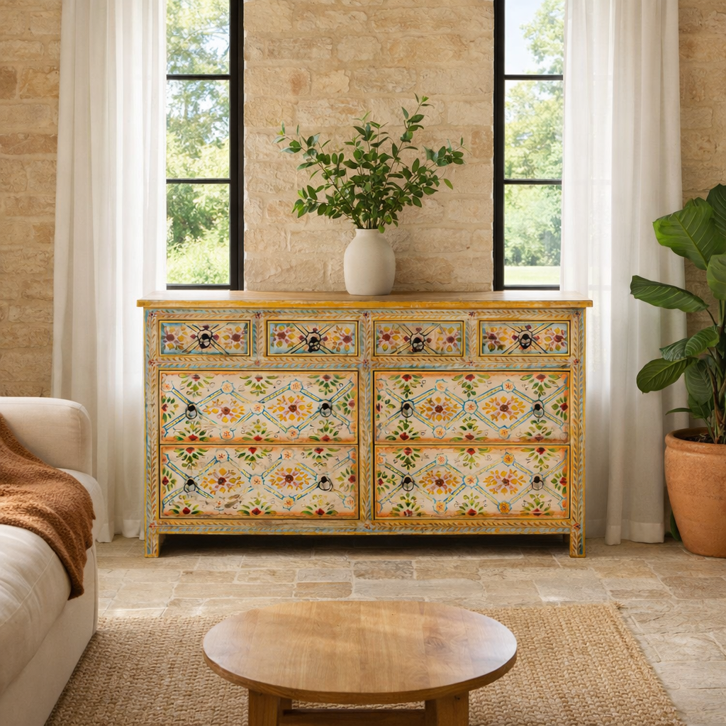 Lifestyle image of a Ziya hand‑painted chest of 8 drawers made from reclaimed wood with floral motifs and iron handles—an artisan piece of painted wooden furniture.