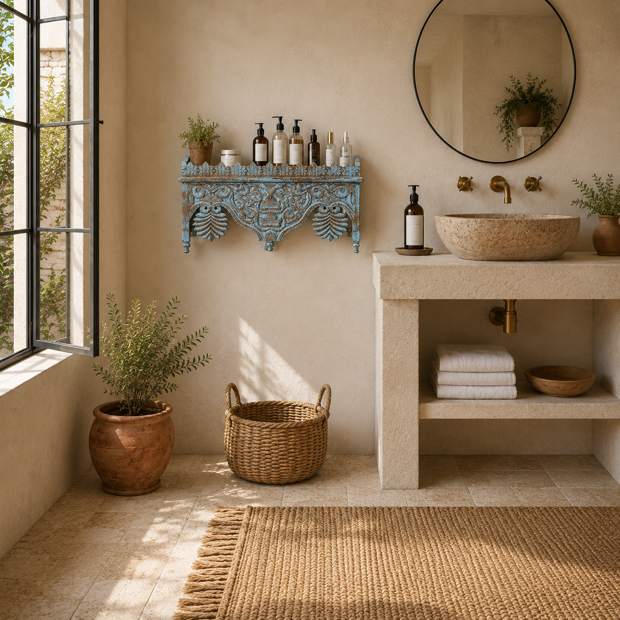 Lifestyle image of a hand carved mango wood wall shelf with distressed vintage finish, 90cm.