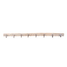 White background image of a Maharaja Hook Rack handcrafted from an antique Indian reclaimed wood architectural element with hand-carved floral details, bleached finish and eight iron hooks, 150x7x5cm.