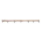 White background image of a hand-carved reclaimed wood wall hook rack made from an antique Indian architectural element with five iron hooks, bleached finish, floral carvings, and vintage character, 150cm.