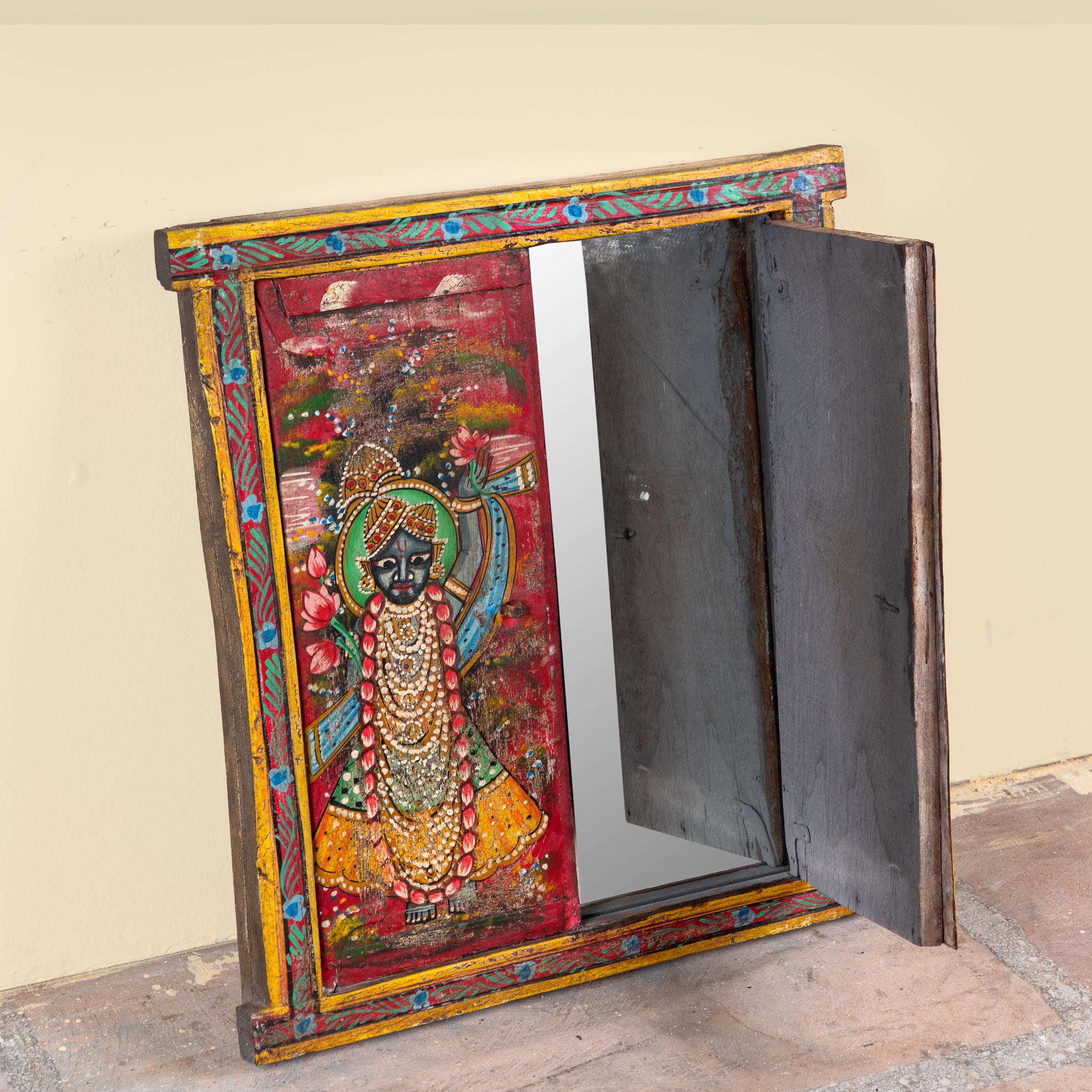 Image showing open wings of a Radha and Krishna antique reclaimed wood mirror with hand-painted Indian artwork on an authentic vintage reclaimed wooden mirror frame, 50x50x5cm.