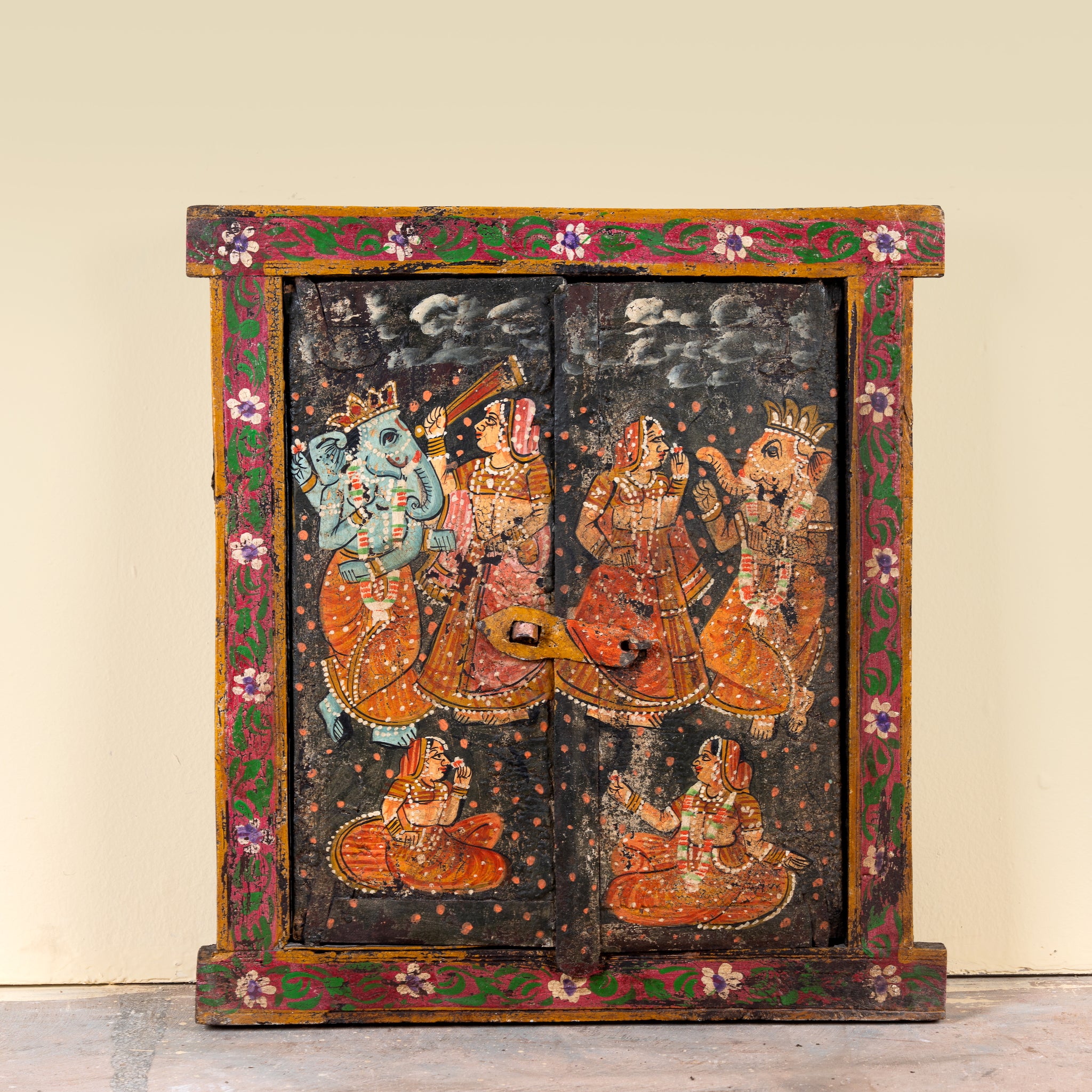 Dancing Ganesh antique reclaimed wood mirror with hand-painted Indian artwork on an authentic vintage reclaimed wooden mirror frame, 50x50x5cm.