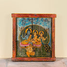 Indian Gods antique reclaimed wood mirror with hand-painted Hindu deities on an authentic vintage Indian wooden mirror frame, 50x50x5cm.