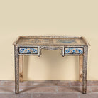 Pranay hand painted reclaimed wood desk with blue and white floral motifs and two drawers 114cm