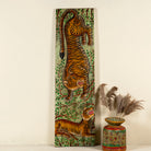 Hand-painted Indian teak wall panel featuring a vibrant tiger motif on reclaimed antique wood, handcrafted by artisans in Rajasthan for unique cultural wall décor.