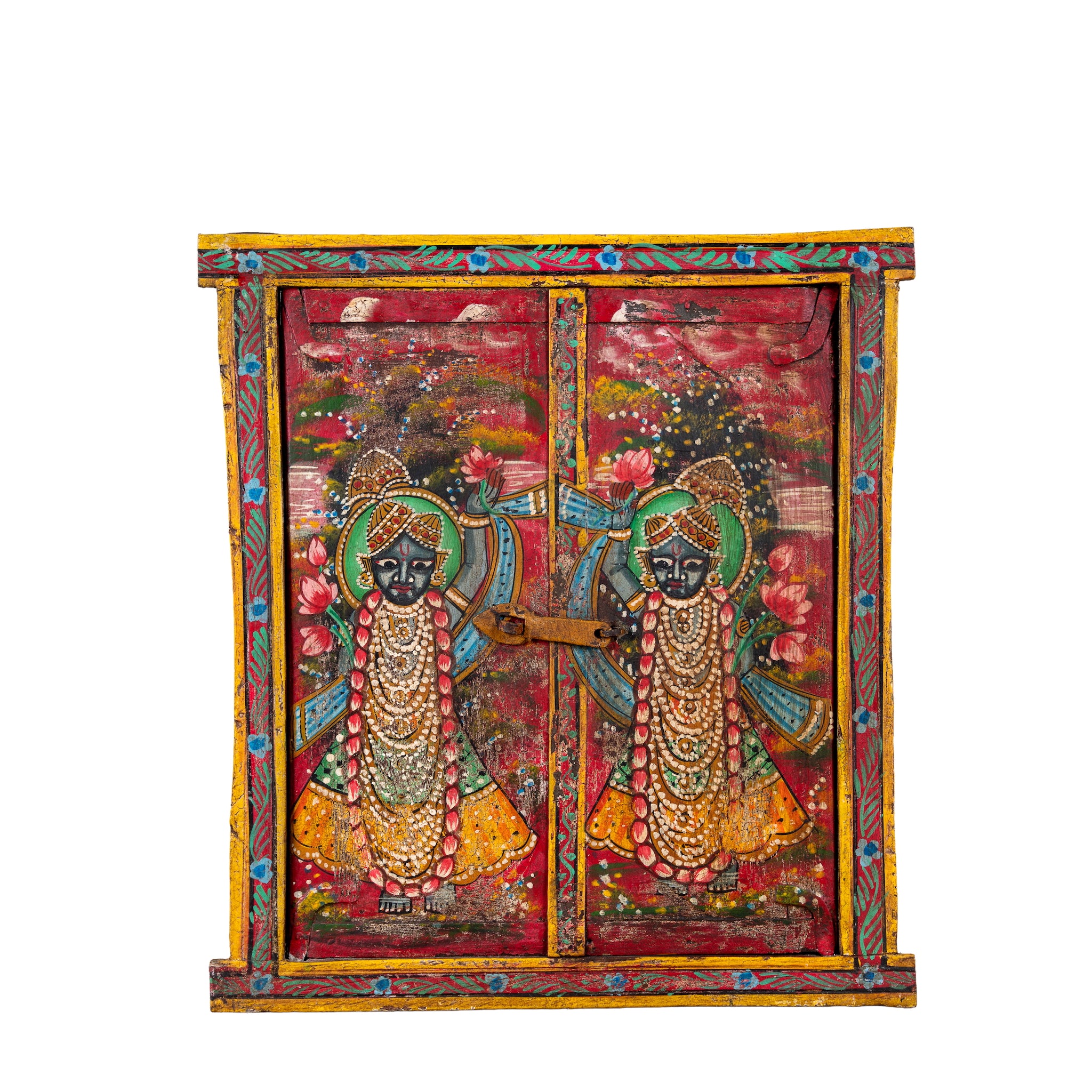 White background image of a Radha and Krishna antique reclaimed wood mirror with hand-painted Indian artwork on an authentic vintage reclaimed wooden mirror frame, 50x50x5cm.
