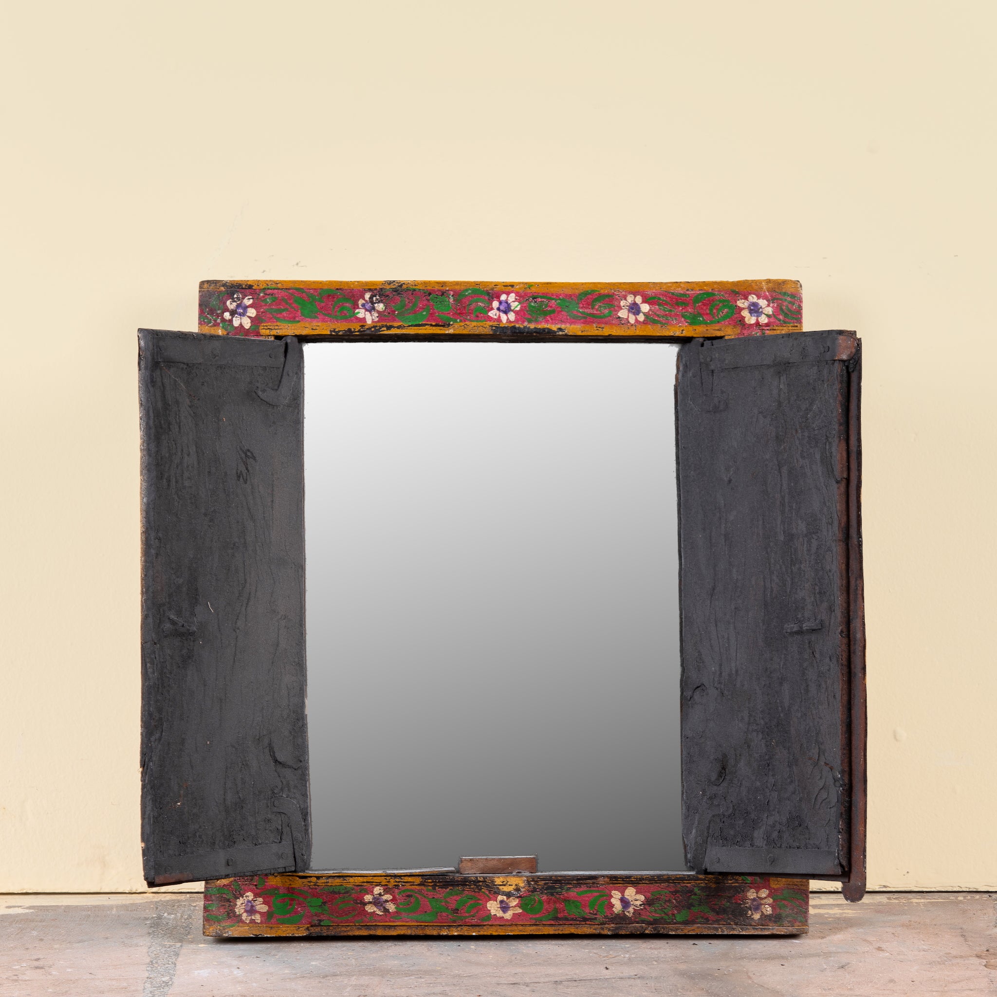 Image howing open wings of a Dancing Ganesh antique reclaimed wood mirror with hand-painted Indian artwork on an authentic vintage reclaimed wooden mirror frame, 50x50x5cm.