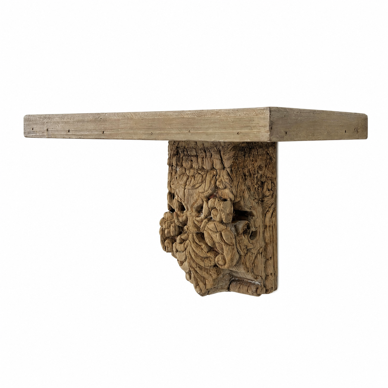 Ujwala reclaimed teak wood wall shelf with hand carved antique Indian bracket 40cm